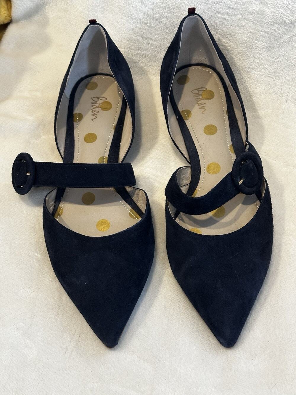 Boden Evie Navy Blue Suede Pointed Toe Mary Jane Flats Buckle Size 41 EU